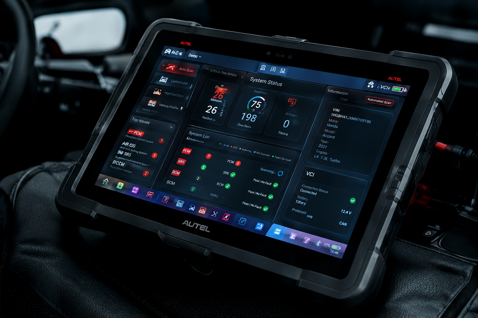 Tablet displaying a dark car dashboard control interface with red, blue, and green indicators