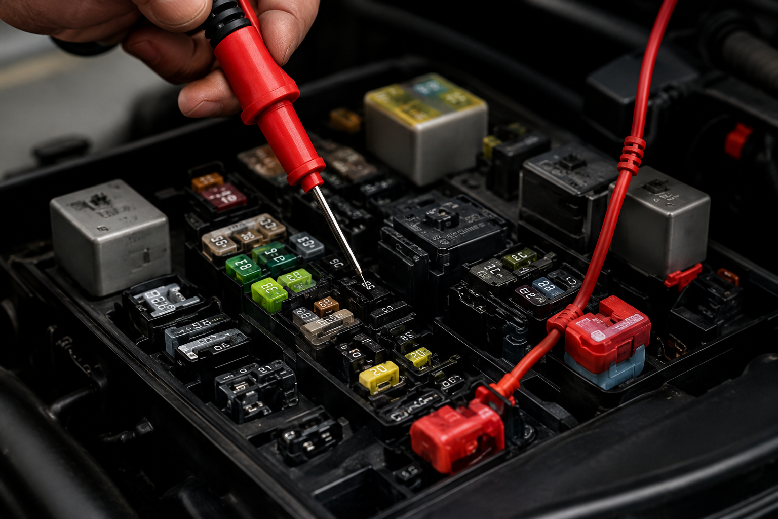 Car battery fuse box being tested with red multimeter probes