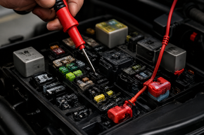 Car battery fuse box being tested with red multimeter probes