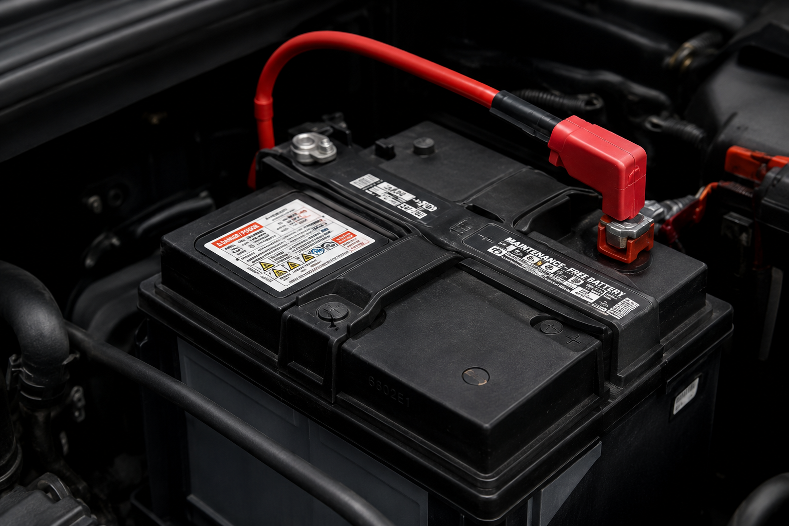 Close-up of a car battery with red positive cable connected in the engine bay