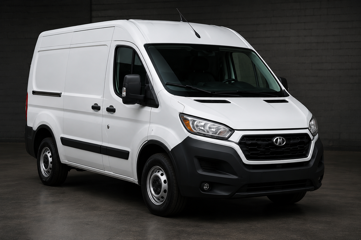 White cargo van on a dark studio background