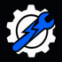 Blue wrench over white gear icon with lightning bolt on black background