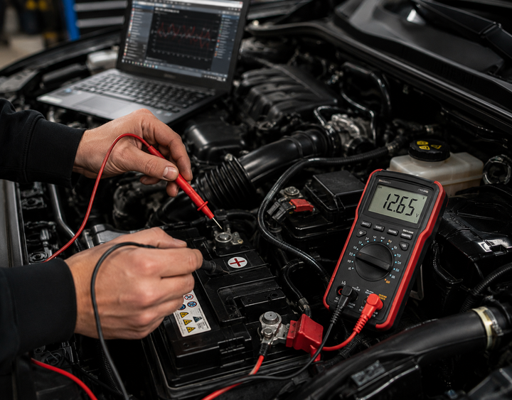 Mechanic testing a car battery with a digital multimeter in an engine bay