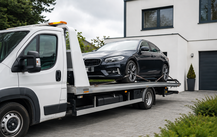 Black sedan on a flatbed tow truck outside a modern house