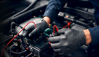 Mechanic’s gloved hands testing car battery connections with red cables under the hood