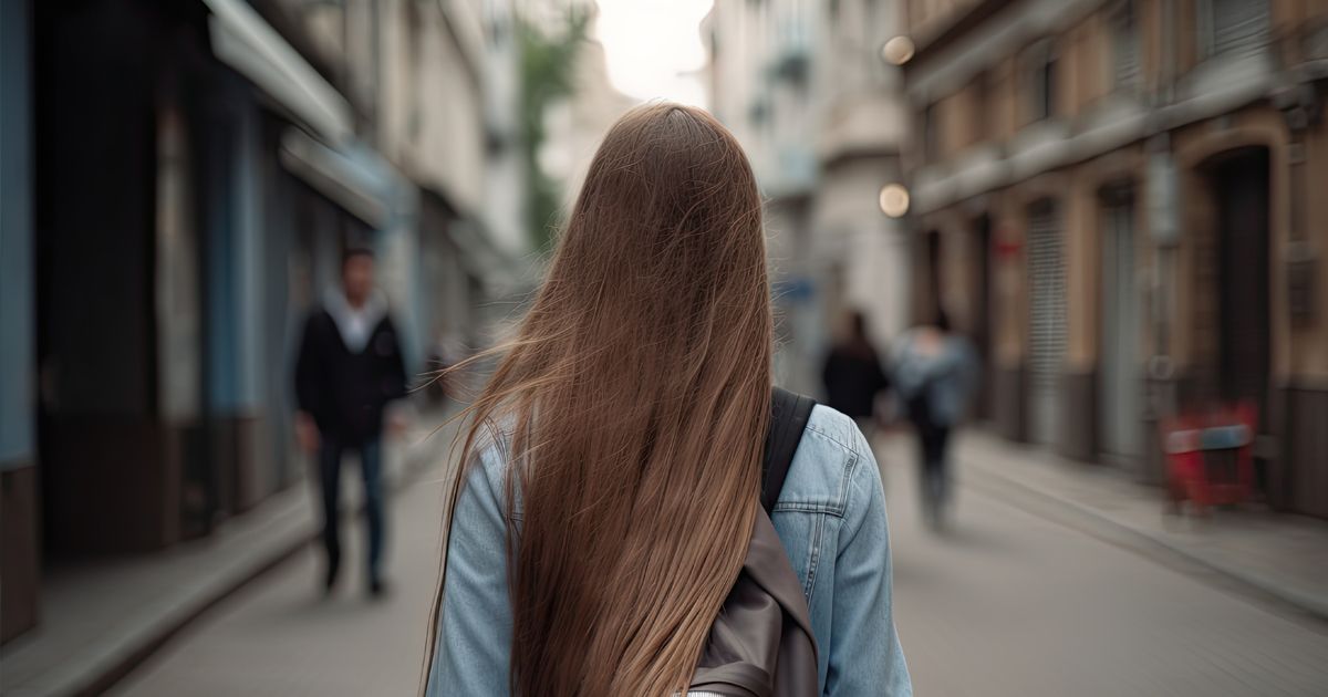 A person with long brown hair, wearing a denim jacket and backpack, walks away down a blurred city street.