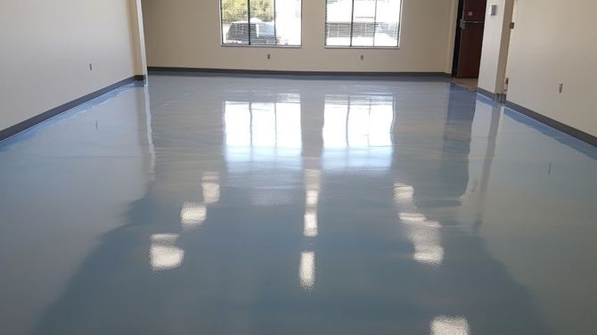 An empty room with a glossy, light blue epoxy floor, white walls, and two windows reflecting light onto the surface.
