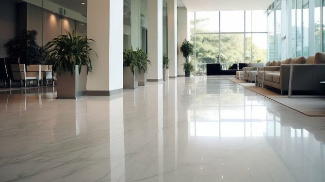 Modern hotel lobby with polished marble floors, large white pillars, potted plants, and lounge seating by glass windows.