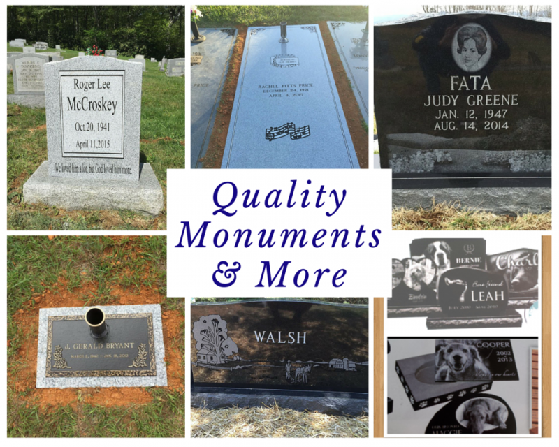 A collage featuring various granite and stone grave monuments, markers, and memorial plaques with engraved text and images.