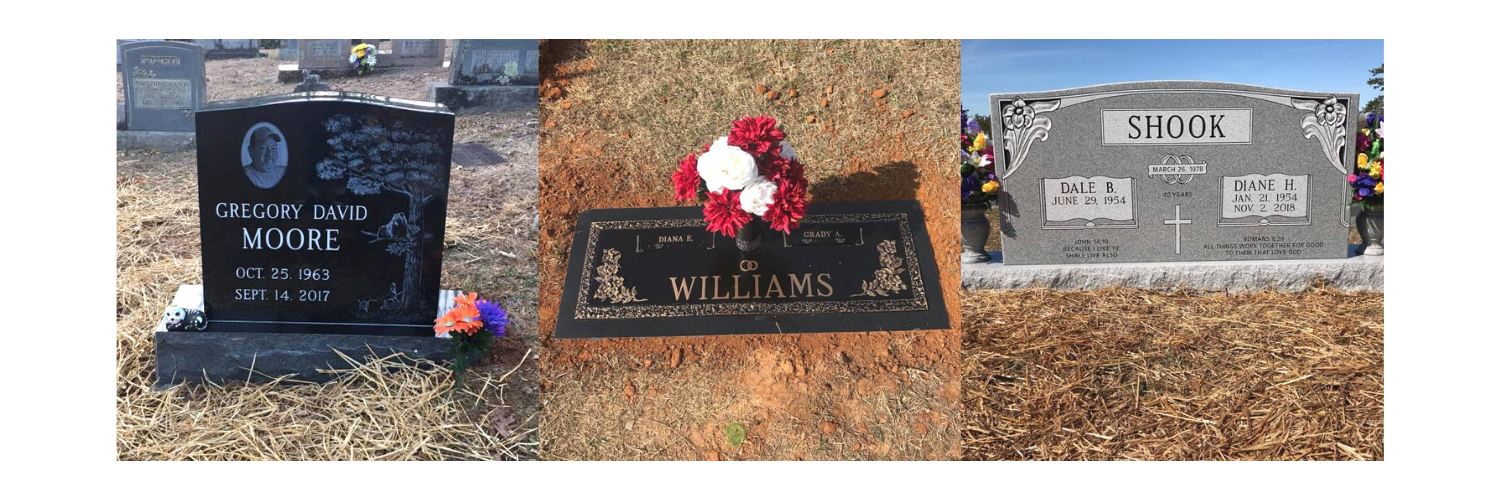 A three-part collage showing three different gravestones in a cemetery, featuring black and gray stone markers.