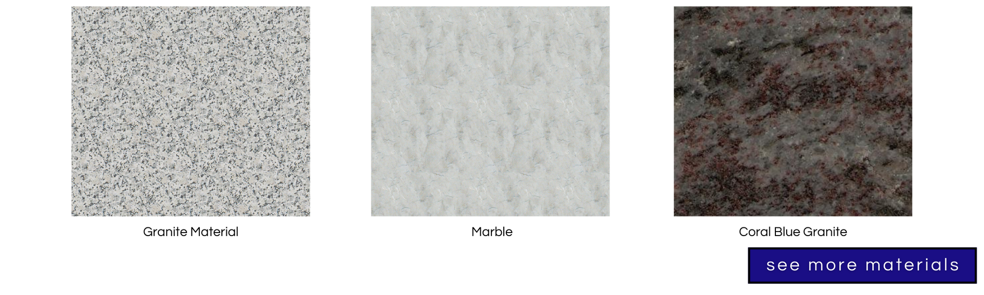 Three stone material samples labeled Giallo Ornamental, Perla, and Cold Spring Brown, with a