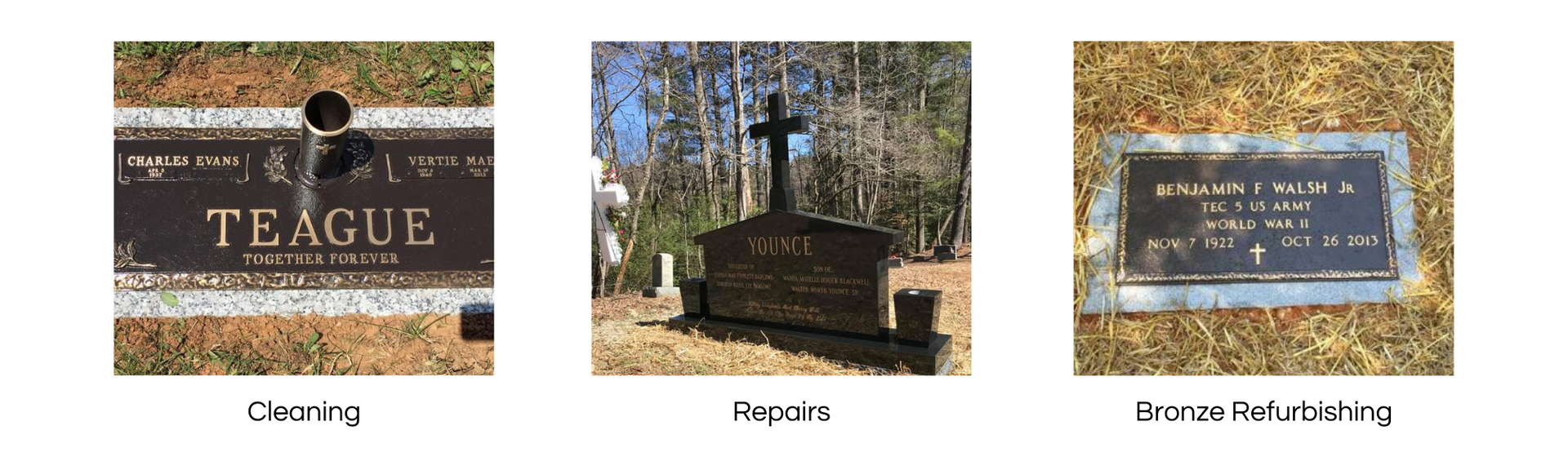 Three photos of cemetery grave markers labeled Cleaning, Repairs, and Bronze Refurbishing.