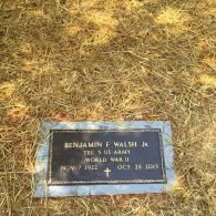 A dark, rectangular grave marker for Benjamin F. Walsh Jr. set in dry grass, noting his US Army service in World War II.