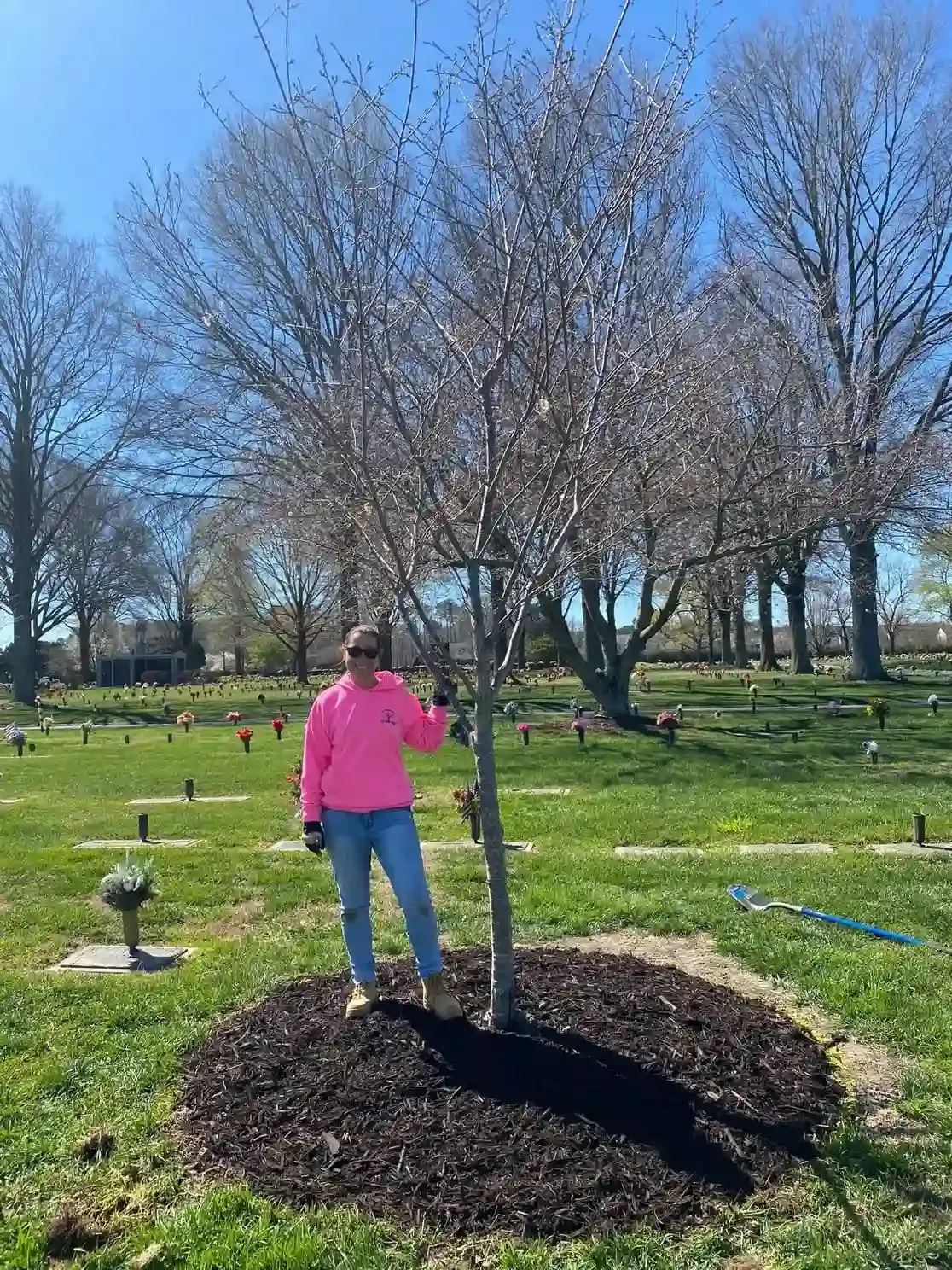 Person in a bright pink shirt standing by a young tree in a sunny orchard or park.