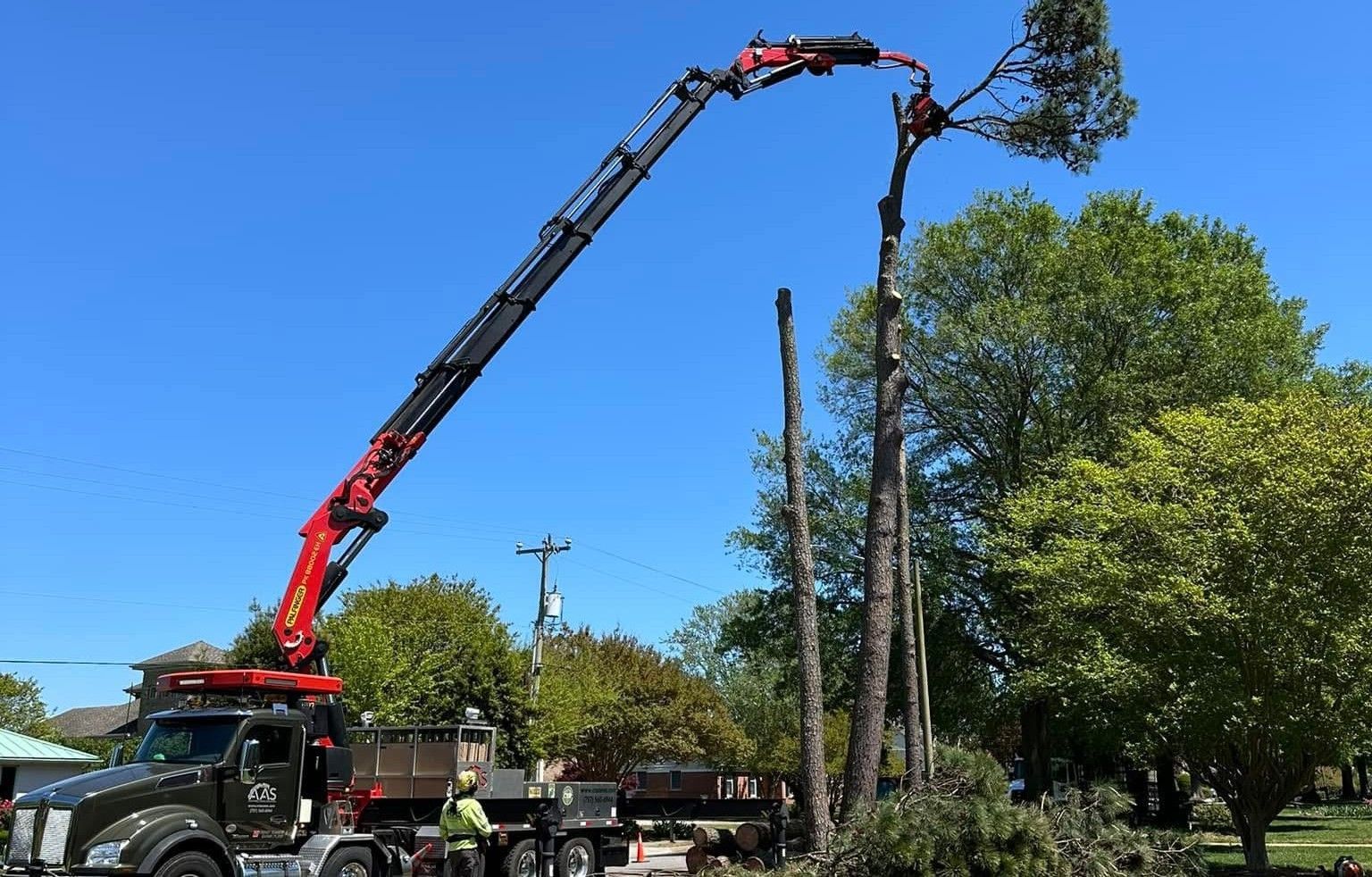 Tree removal truck using a crane to lift a cut tree in a sunny roadside area