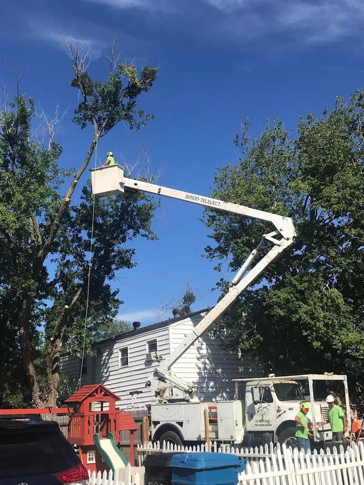 White utility bucket truck raised beside a house, with workers below and trees under a blue sky.