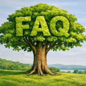 Large tree with “FAQ” formed in green leaves over a grassy landscape