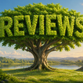 Green tree shaped like the word “REVIEWS” in a sunny lakeside landscape