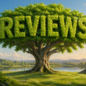 Green tree shaped like the word “REVIEWS” in a sunny lakeside landscape