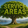 Tree-shaped sign reading “SERVICE AREAS” above a lake and hills landscape