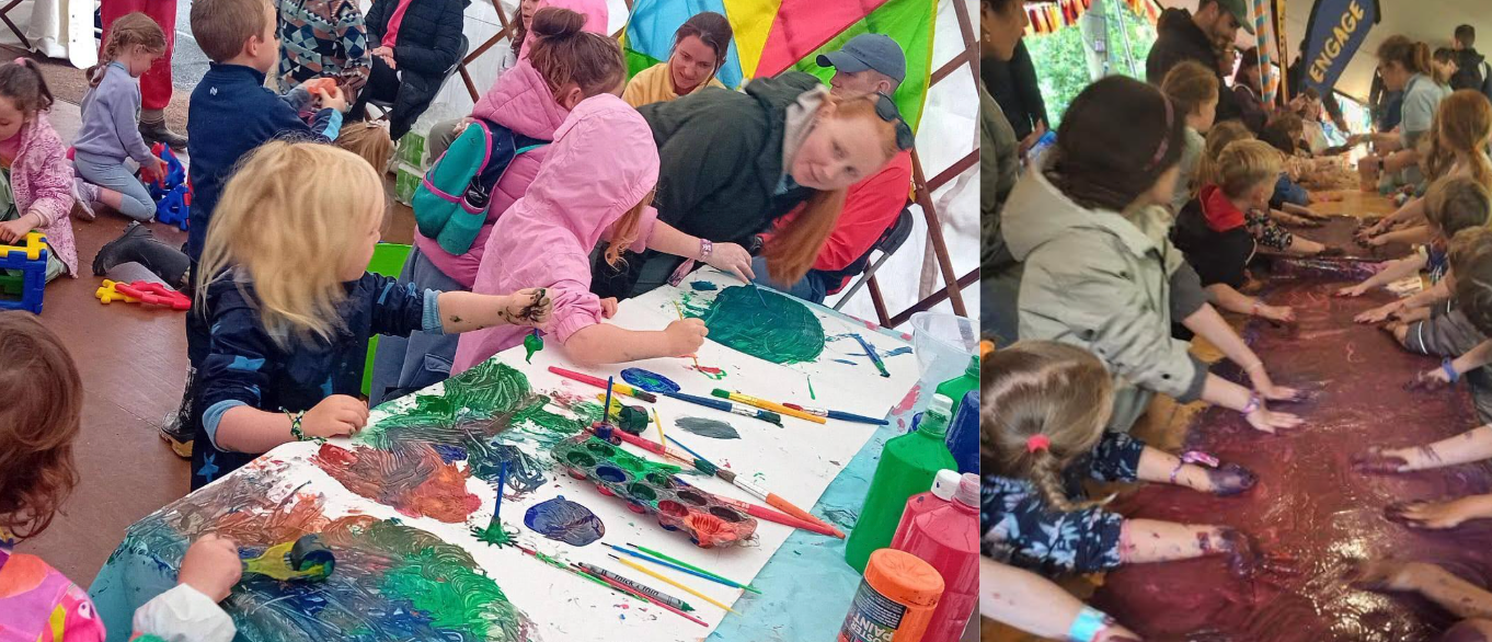 collage of photos of a festival where children have fun with paints