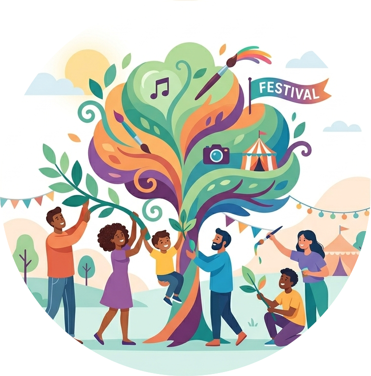 diverse group of stylized, friendly people (men, women, children) working together to build a large, colorful, vibrant community tree