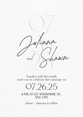 Wedding invitation: Juliana and Shawn's names in script, date (07.26.25), and address, on white background.
