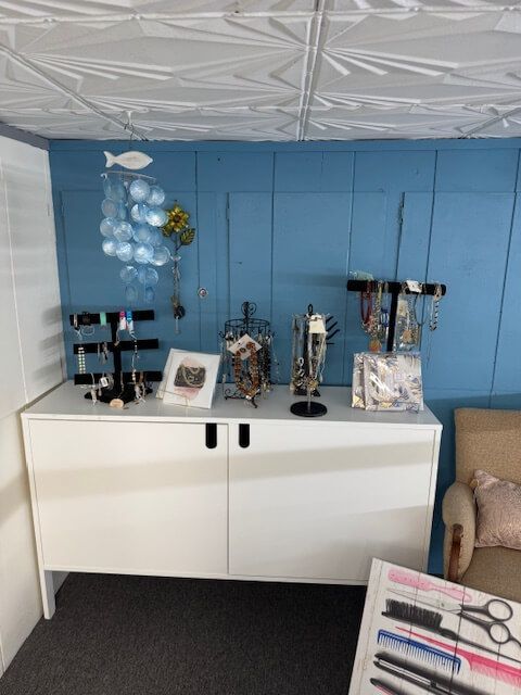 White cabinet displaying jewelry and accessories against a blue wall.