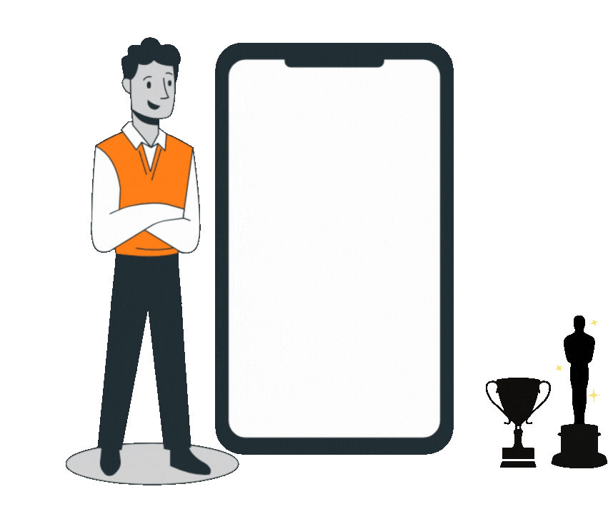 A man is standing next to a cell phone and a trophy.