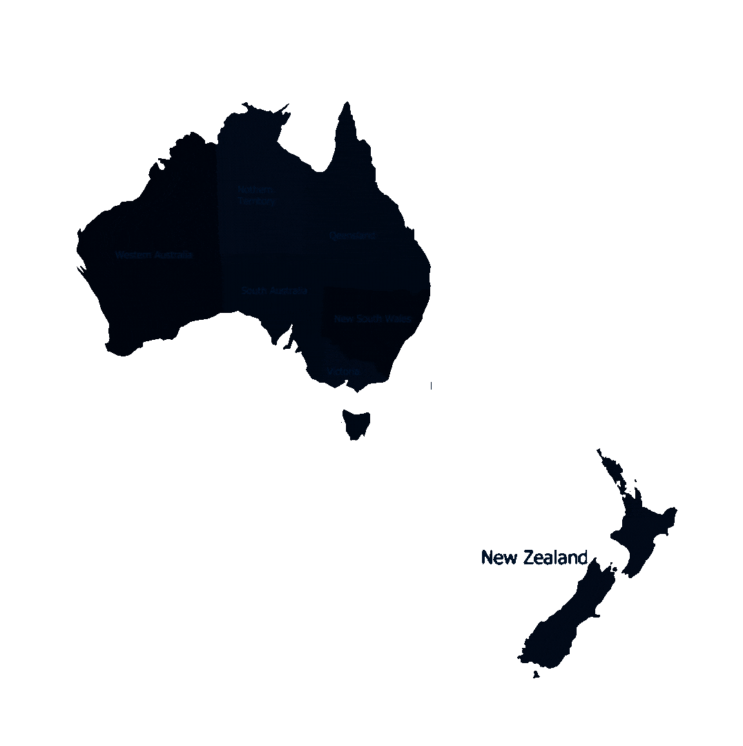 A black map of australia and new zealand on a white background.