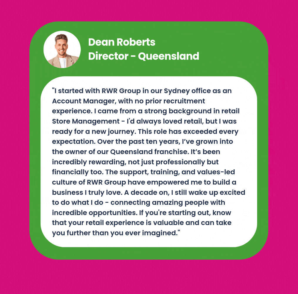 A man is standing in front of a pink background with a quote from dean roberts director.