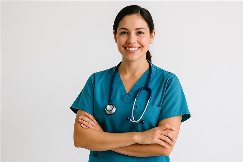 Healthcare worker in teal scrubs, stethoscope around neck, arms crossed, smiling.