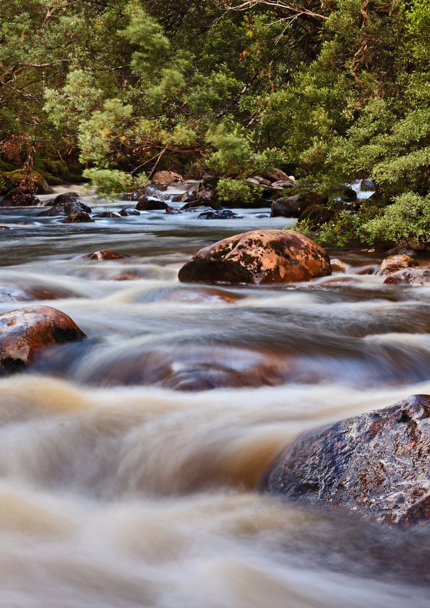 Flowing river with blurred water, surrounded by brown rocks and green foliage.