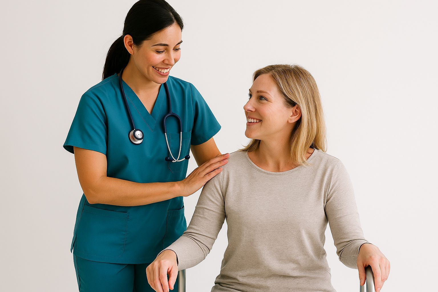 Nurse in teal scrubs with stethoscope, smiling, places hand on shoulder of smiling patient in a grey shirt. White background.
