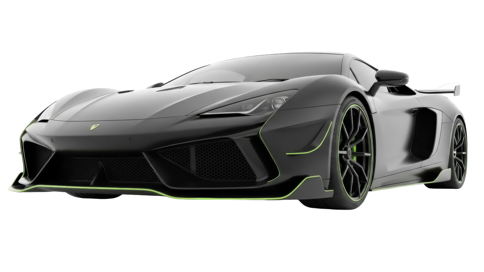 Low black sports car with green accents, viewed from the front-left on a white background