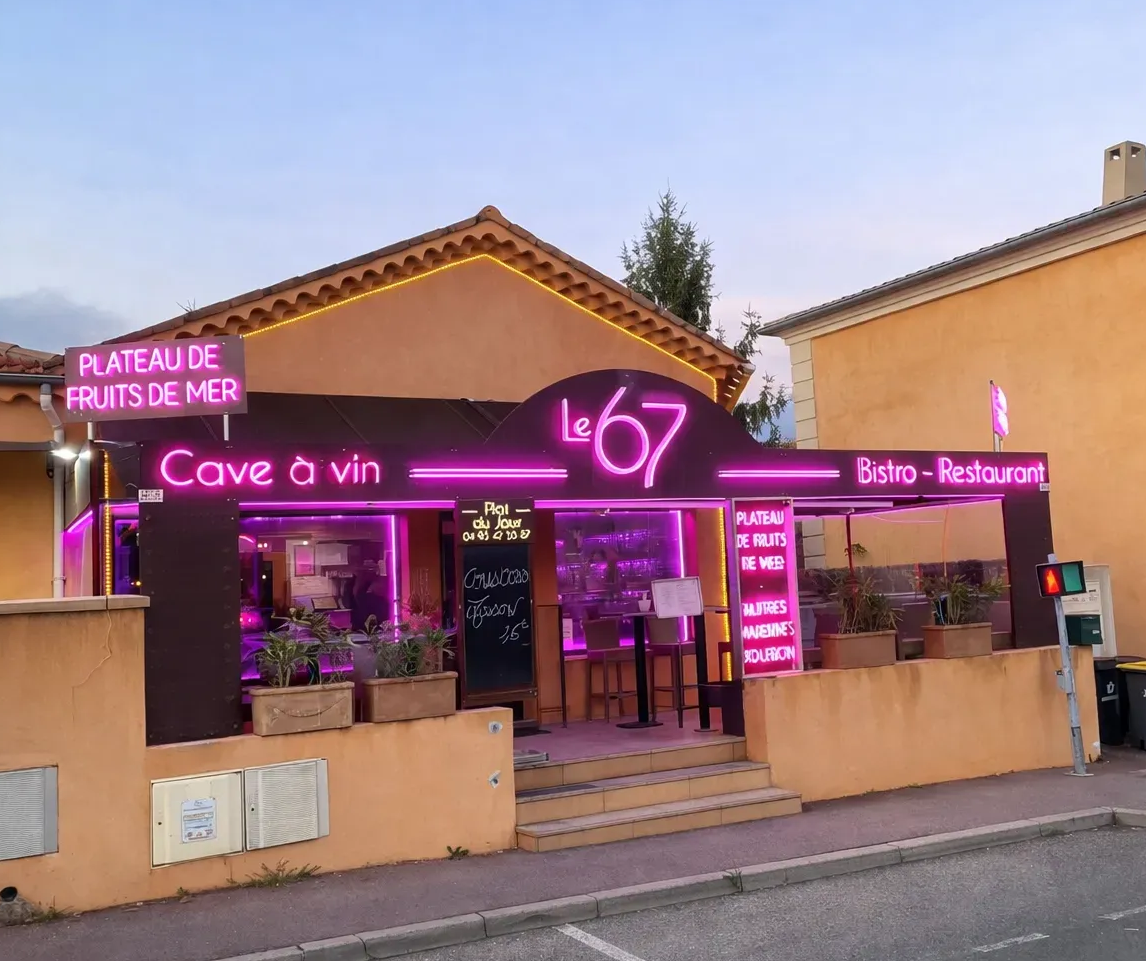 Extérieur du bistro-restaurant « Le 67 » avec des enseignes lumineuses roses sur un bâtiment orange et des places assises en terrasse au crépuscule.