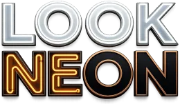 Le texte &laquo; LOOK NEON &raquo; en caract&egrave;res gras &agrave; bordure m&eacute;tallique, avec &laquo; LOOK &raquo; en argent et &laquo; NEON &raquo; en tubes n&eacute;on orange lumineux.