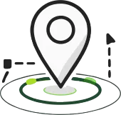 Une icône d'épingle de localisation gris clair centrée sur un anneau circulaire vert foncé avec des lignes pointillées et des symboles de marqueurs noirs.