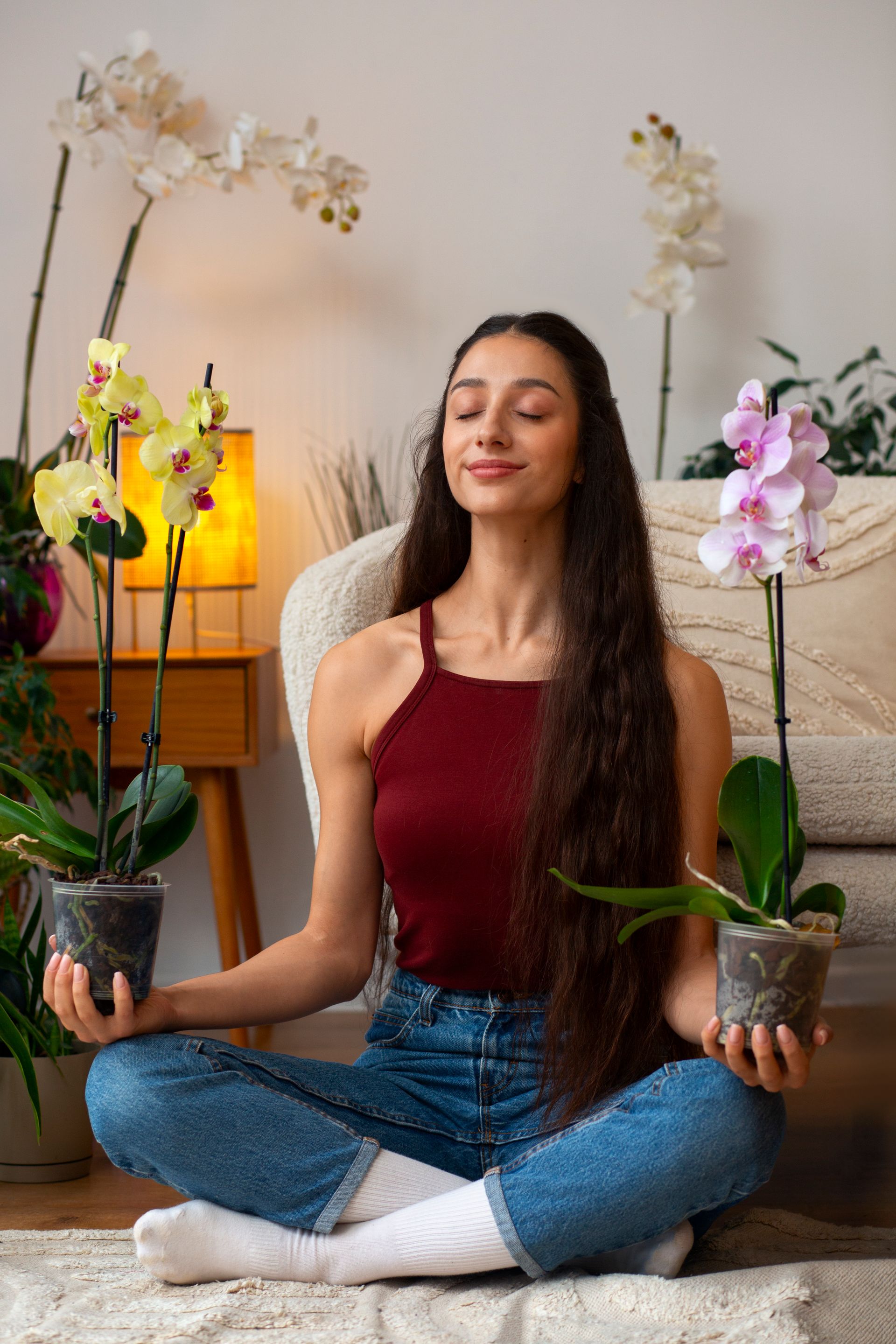 A woman is sitting on the floor holding two potted orchids.