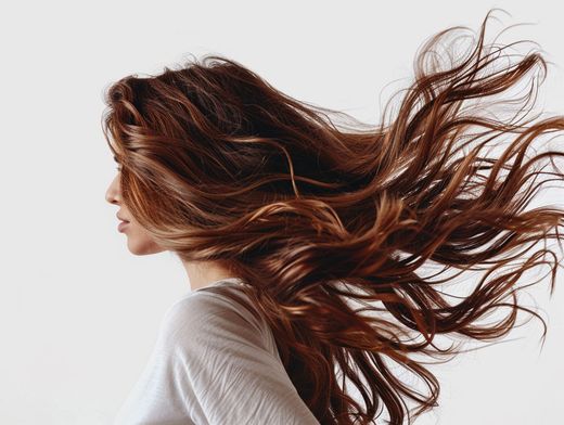 A woman with long brown hair is blowing in the wind.