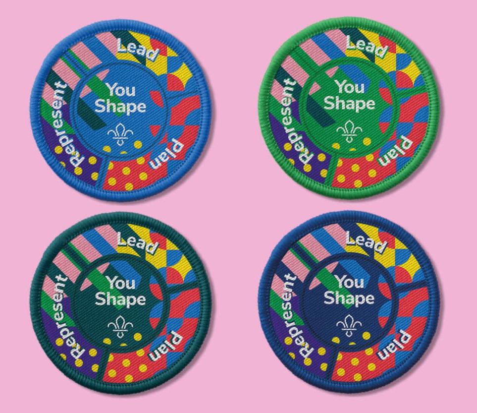 Four badges that say lead you shape on a pink background
