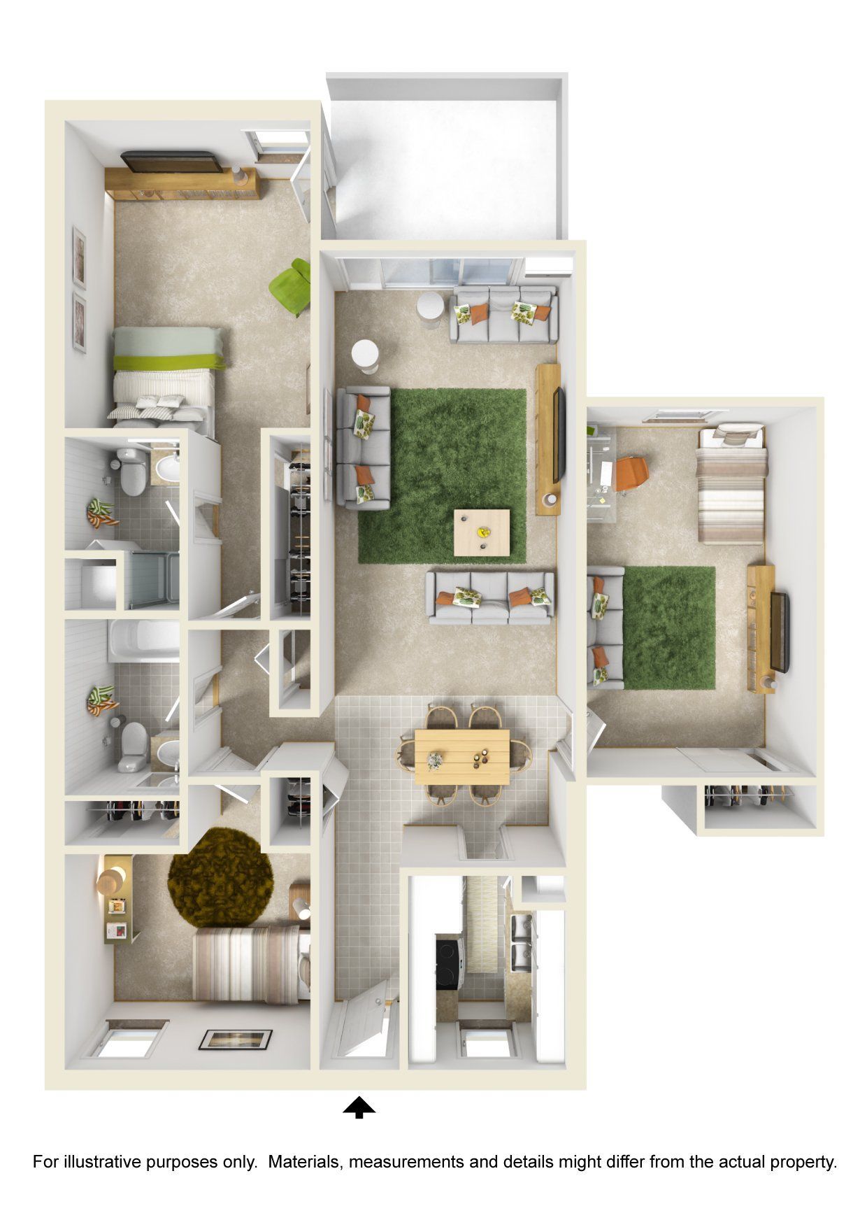 A 3d floor plan of a house with a living room , dining room , and bedrooms.