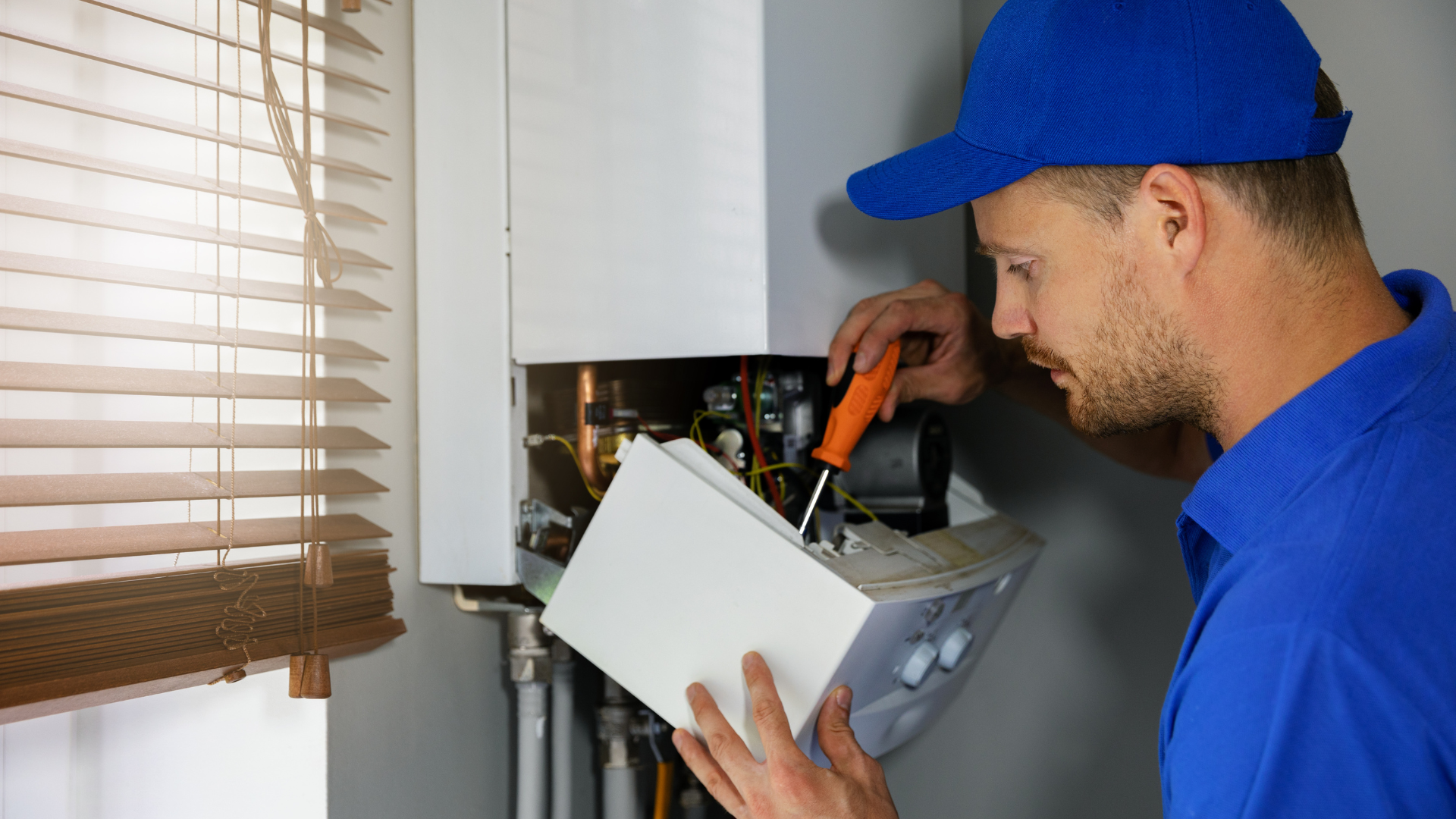 A man is fixing a boiler with a screwdriver and a book.