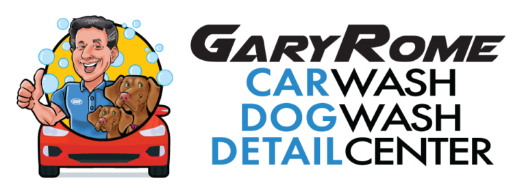 Gary Rome Car Wash Dog Wash Detail Center logo with smiling man, red car, and brown dog