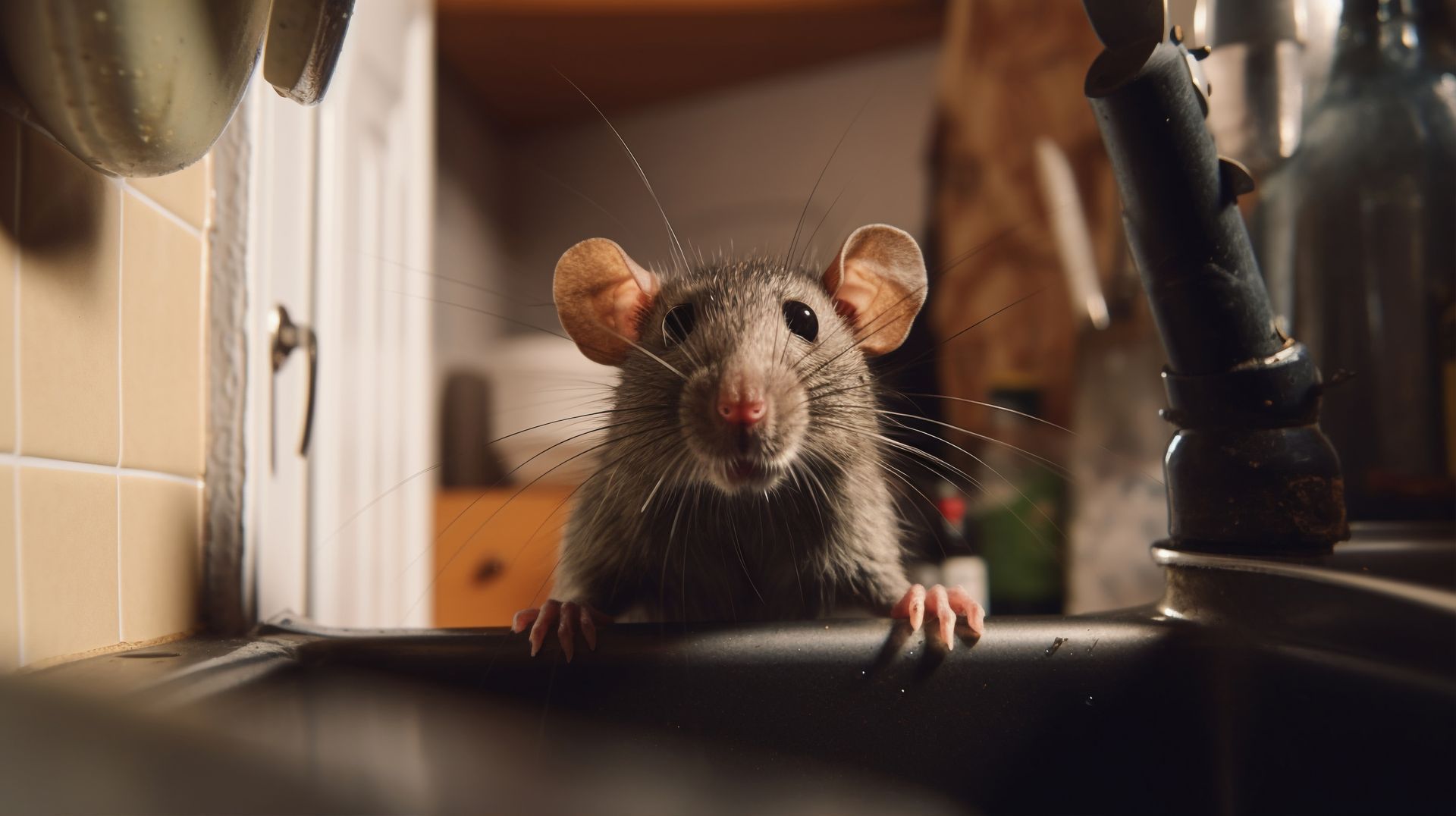 A rat is peeking out of a kitchen sink.