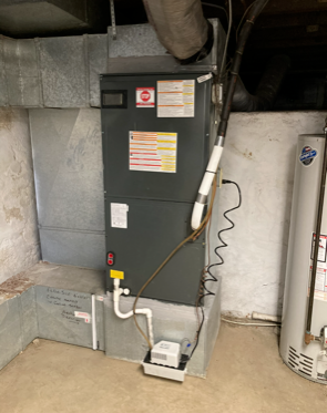 Basement utility room with a furnace, white water heater, and exposed ducts and pipes.