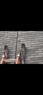 Ladders leaning against a gray brick wall with two ropes or hoses hanging down.