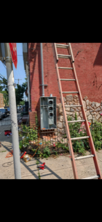 Red brick wall with a ladder leaning against it, an electrical panel, and potted plants at the base.
