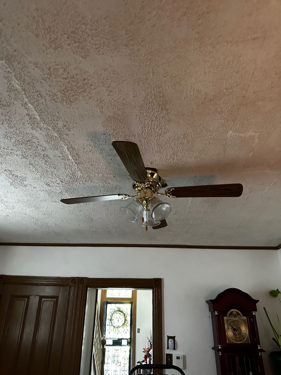 Living room ceiling fan with light, wooden trim, and a grandfather clock in the corner