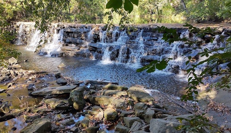 Small waterfall cascading over rocks in a wooded creek, with green foliage and sunlight.